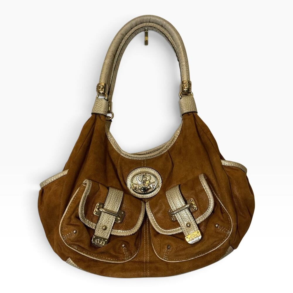 Kathy Van Zeeland Y2K Brown Faux Suede Hobo Bag Gold Crown Studded Purse